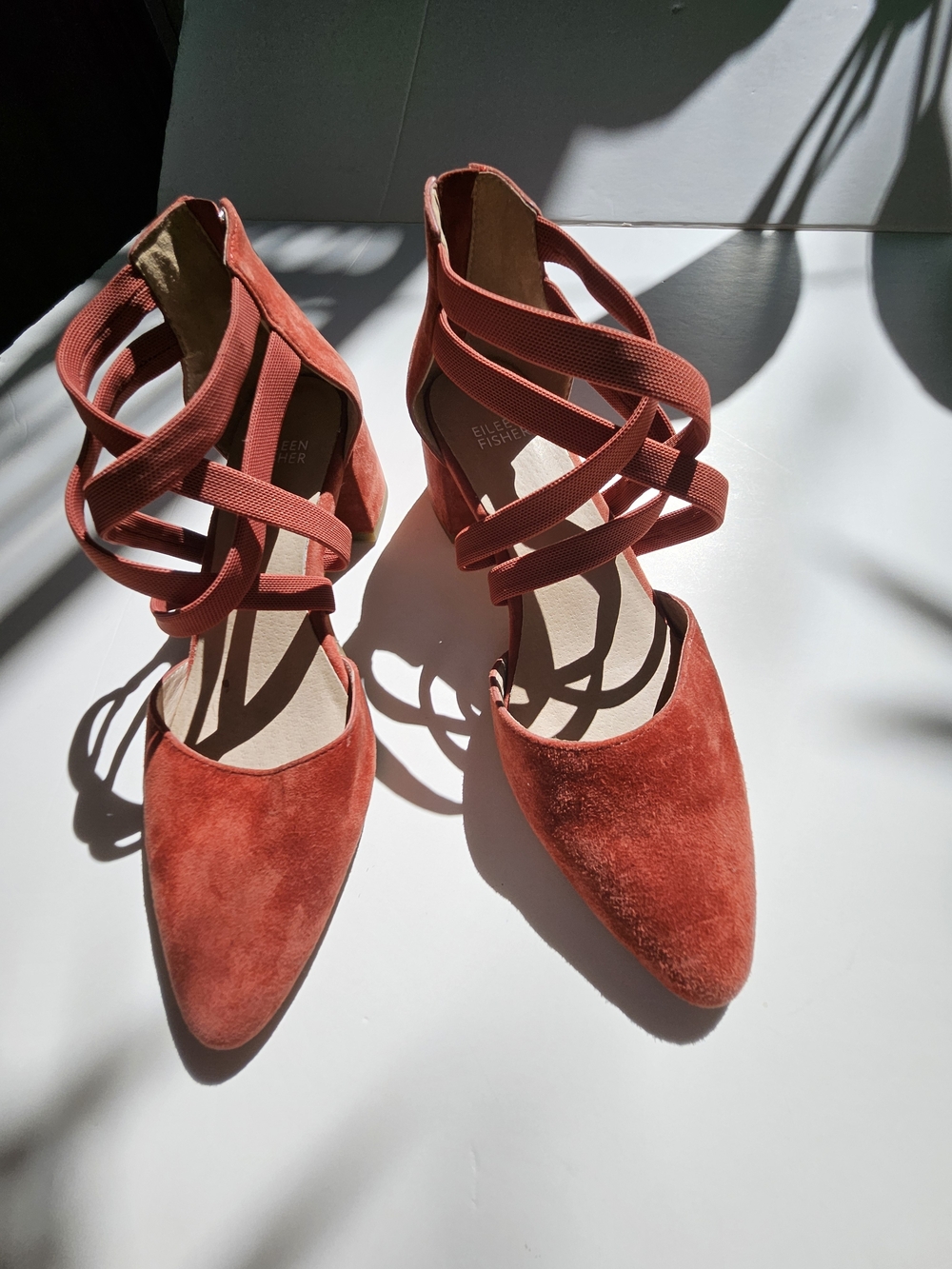 Eileen Fisher Juku Rust Suede Strappy Pointed Toe Block Heel Shoes Size 8 NWOT